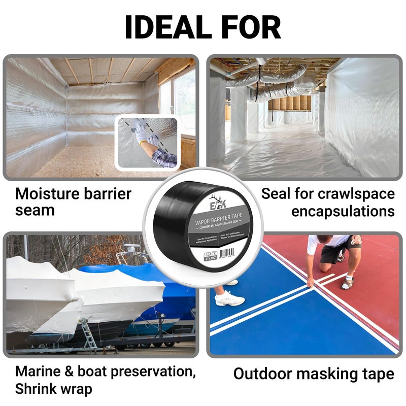ELK Vapor Barrier Tape - 4” x 180ft - PE 7mm Polyethylene Seam Tape - Moisture Barrier Seam & Seal for Crawlspace Encapsulations or Waterproof Marine Tape - Black - Image 2